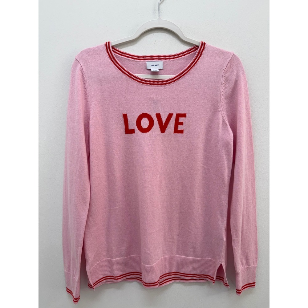 Old Navy Sweater Small Pink Red LOVE Graphic Striped Trim Crew Neck
